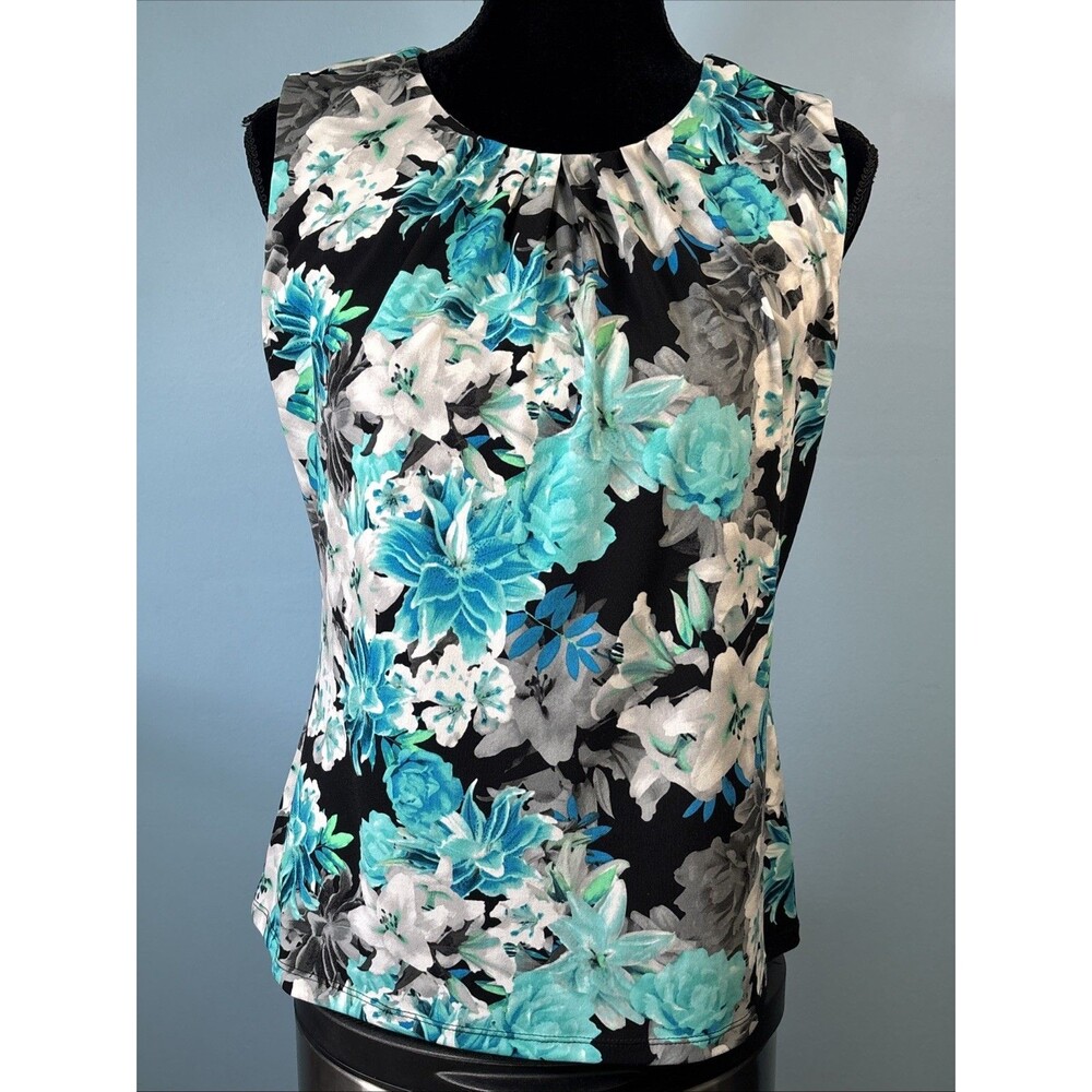 Calvin Klein Sleeveless Blouse (Women’s M) Blue / White / Black Floral Print Top